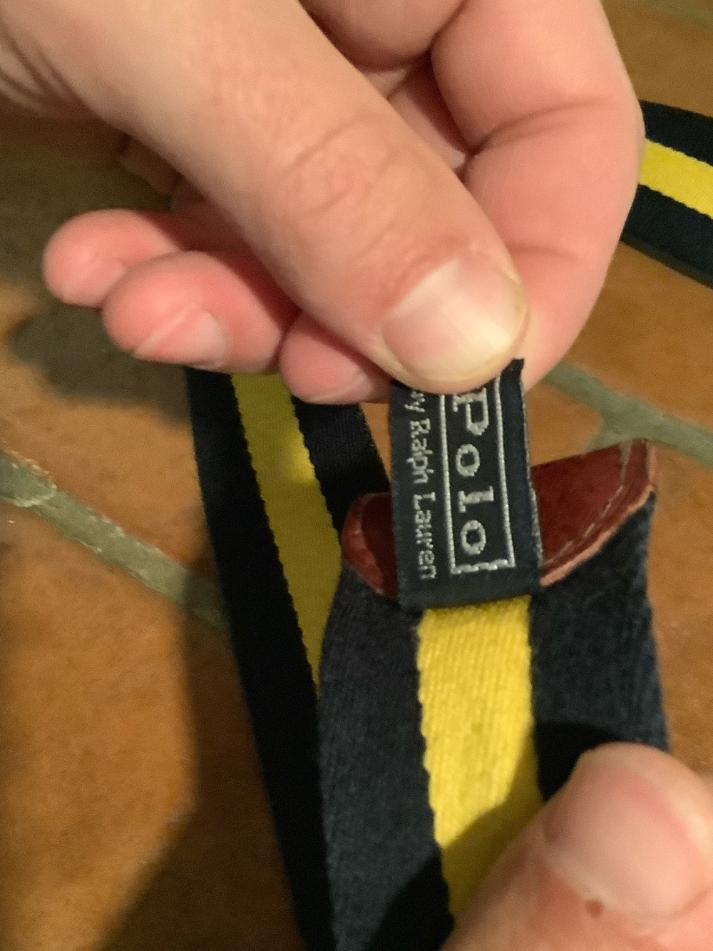 Vintage Polo by Ralph Lauren Navy and Yellow Striped Canvas Belt w Leather Tab - Picture 6 of 6